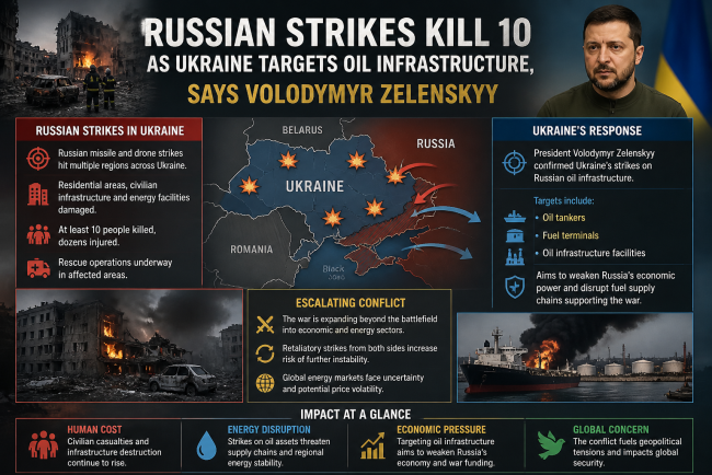 Russian Strikes Kill 10 as Ukraine Targets Oil Infrastructure, Says Volodymyr Zelenskyy